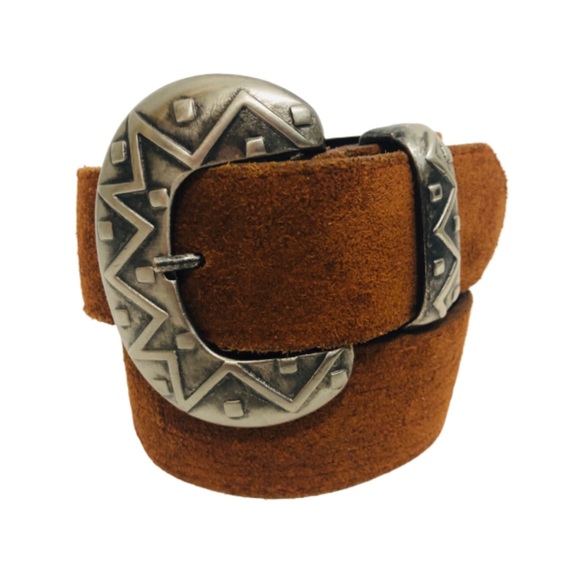Vintage Accessories - Vintage Aztec Belt Pewter Buckle Brown Suede Sz M